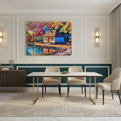 A Charming Little Cottage Nestled Among Vibrant Colorful Trees At The Edge Of A Peaceful Blue Lake