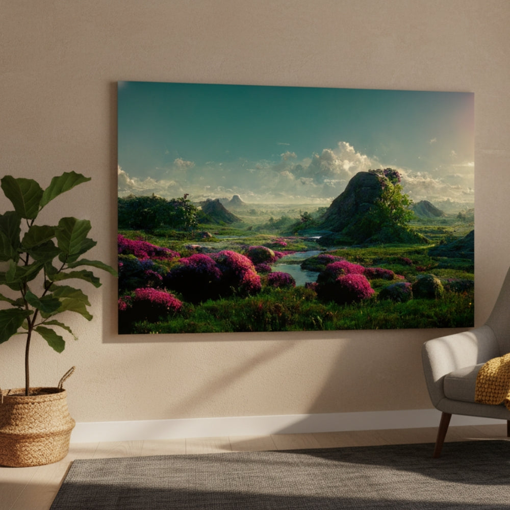 The Vibrant Magenta Blooms That Carpet The Emerald Valley Under A Vast And Surreal Teal Summer Sky