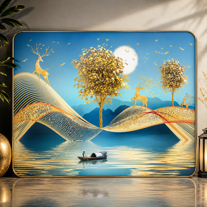 Luxury Golden Deer & Moon Resin Wall Art (21x27") – 3D Look Abstract Night Scenery for Living Room Vastu & Prosperity Decor
