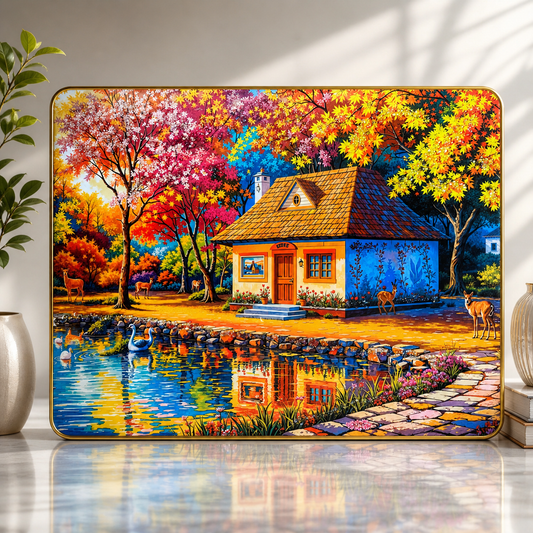A Charming Little Cottage Nestled Among Vibrant Colorful Trees At The Edge Of A Peaceful Blue Lake