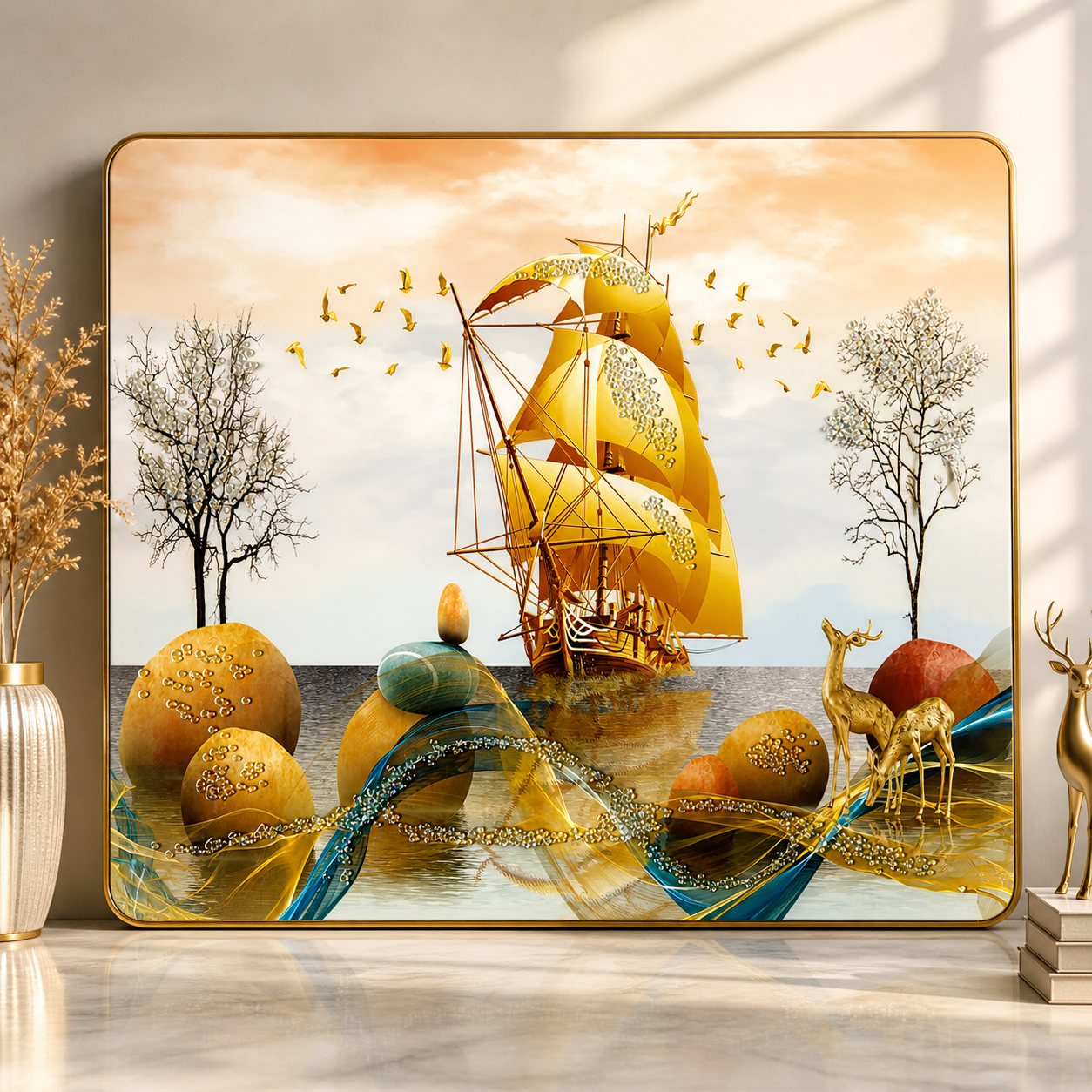 Golden Prosperity Ship Resin Wall Art (21x27") – Surreal 3D Vastu Seascape for Wealth & Success Decor