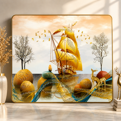 Golden Prosperity Ship Resin Wall Art (21x27") – Surreal 3D Vastu Seascape for Wealth & Success Decor