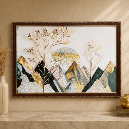 Golden Mountain Landscape Resin Wall Art | 2×3 ft Premium Handcrafted Decor | Indi Trends