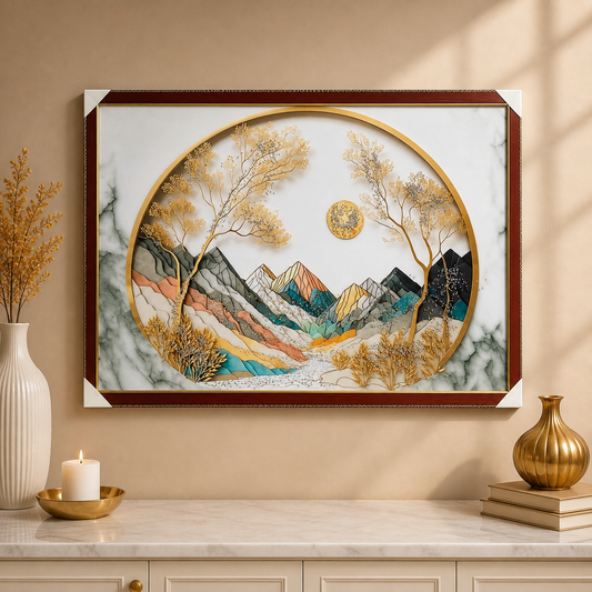 Circular Mountain Landscape Resin Wall Art | 2×3 ft Luxury Handcrafted Decor | Indi Trends