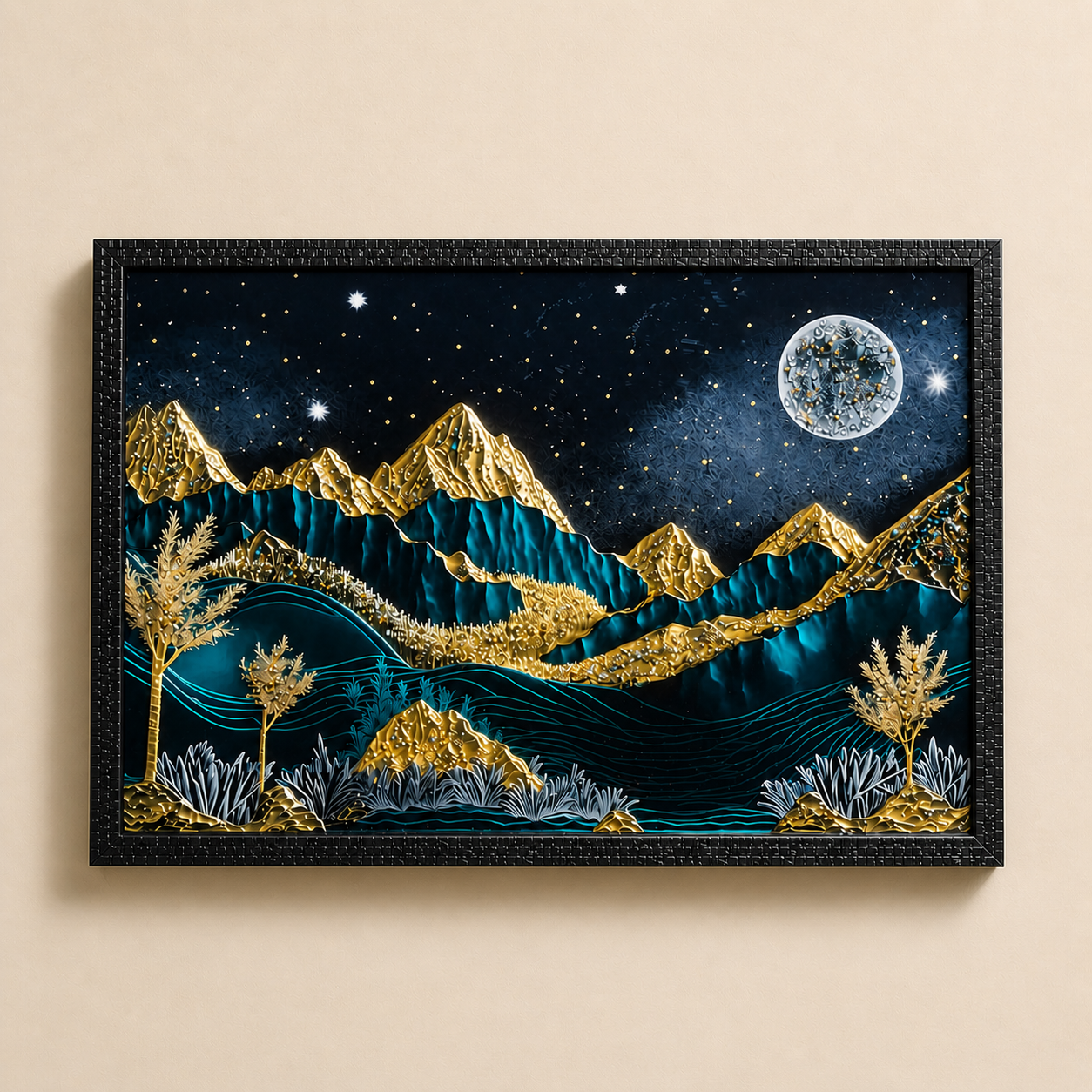 Dark Moonlit Mountain Resin Wall Art | 2×3 ft Premium Handcrafted Luxury Decor | Indi Trends