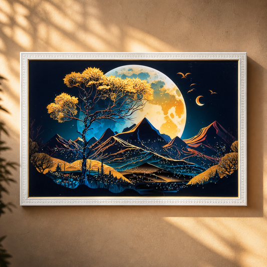 Golden Moon Mountain Resin Wall Art | 2×3 ft Premium Handcrafted Landscape Decor | Indi Trends