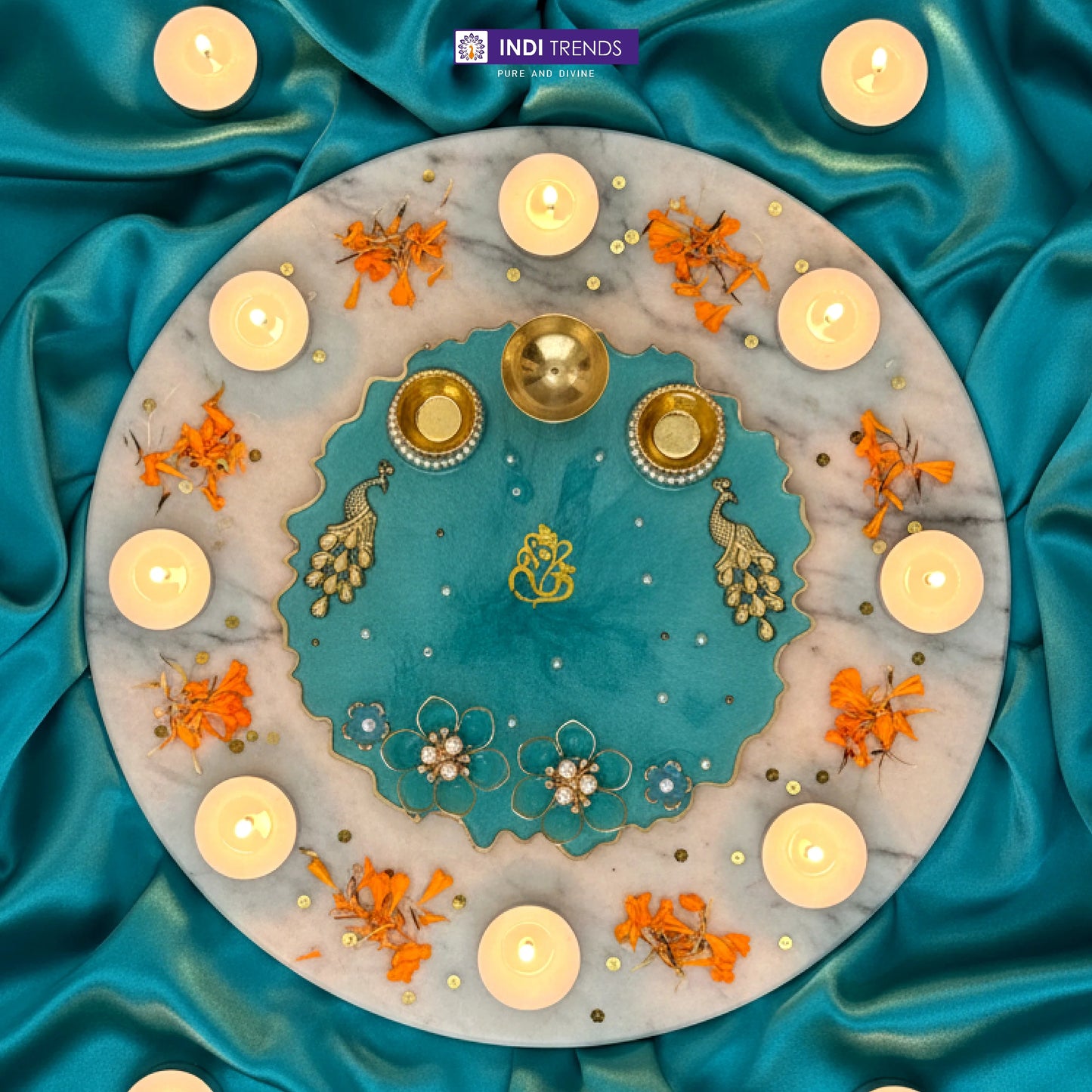 Handcrafted Resin Decorative Pooja Dish with Pearl & Floral Detailing