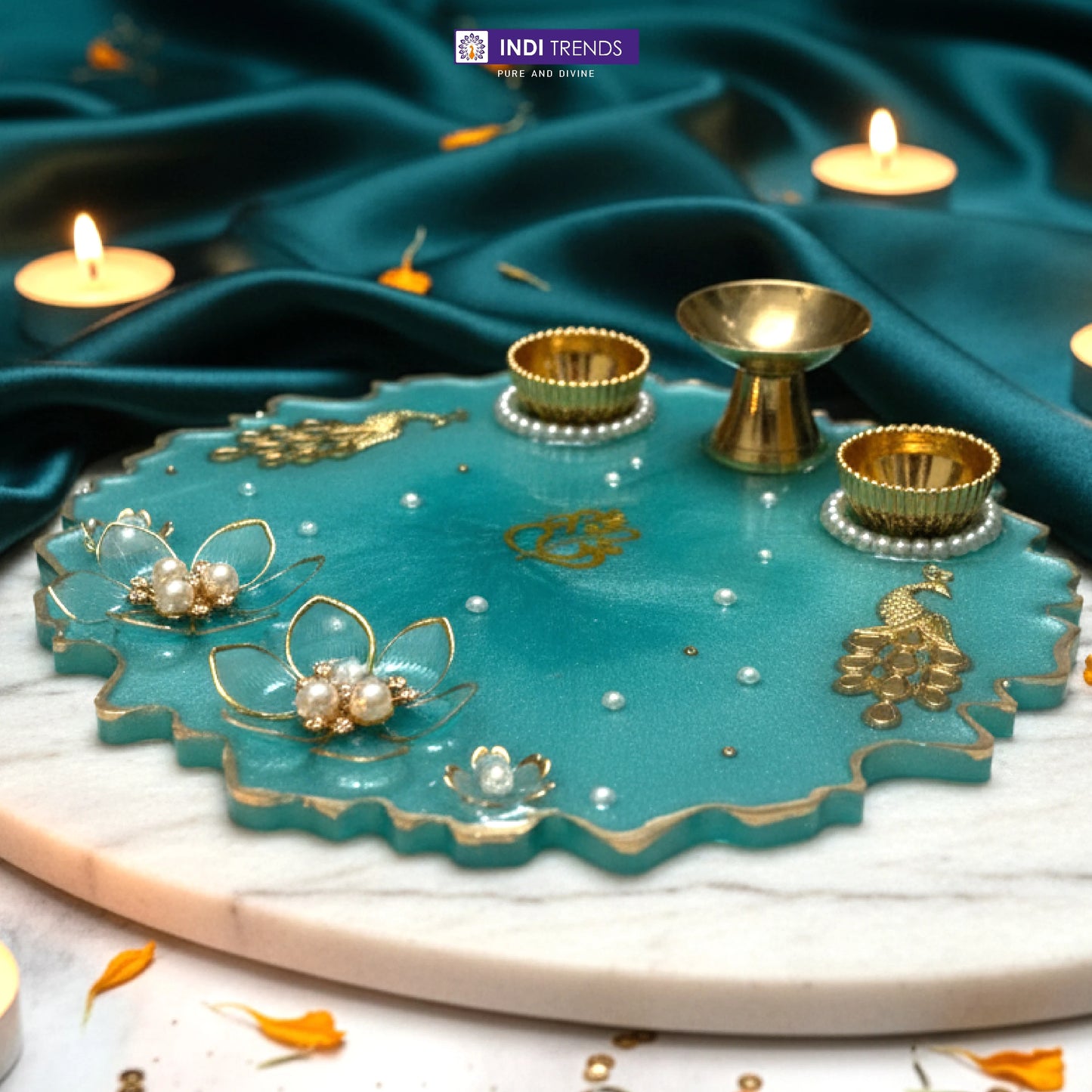 Handcrafted Resin Decorative Pooja Dish with Pearl & Floral Detailing