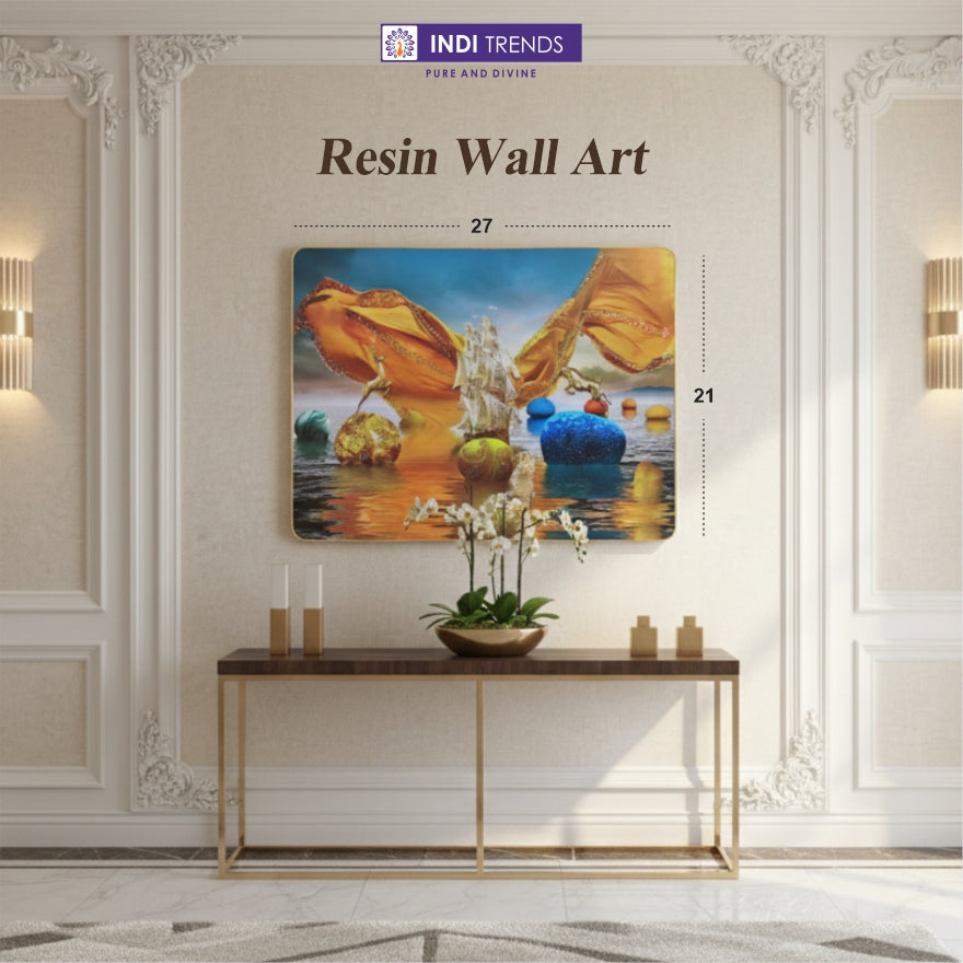 Surreal Fantasy Seascape Canvas Wall Art - Golden Ship With Giant Butterfly Wings And Floating Orbs