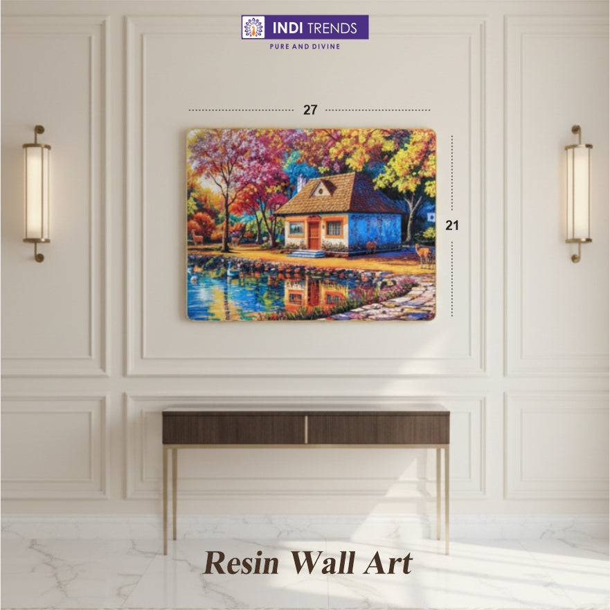 A Charming Little Cottage Nestled Among Vibrant Colorful Trees At The Edge Of A Peaceful Blue Lake