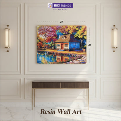 A Charming Little Cottage Nestled Among Vibrant Colorful Trees At The Edge Of A Peaceful Blue Lake