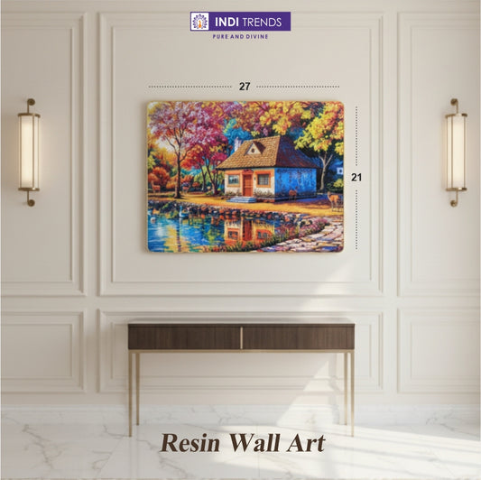 A Charming Little Cottage Nestled Among Vibrant Colorful Trees At The Edge Of A Peaceful Blue Lake