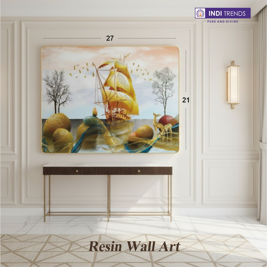 Golden Prosperity Ship Resin Wall Art (21x27") – Surreal 3D Vastu Seascape for Wealth & Success Decor