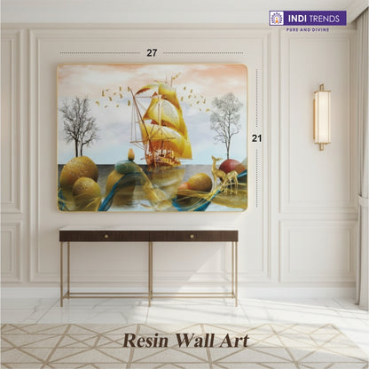 Golden Prosperity Ship Resin Wall Art (21x27") – Surreal 3D Vastu Seascape for Wealth & Success Decor