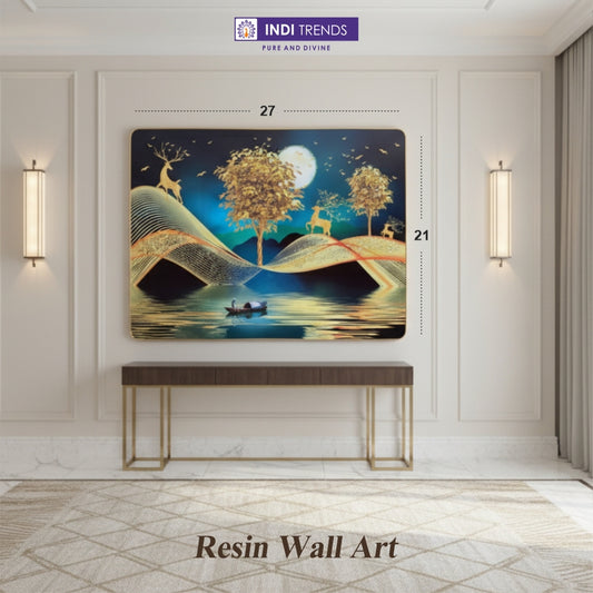 Luxury Golden Deer & Moon Resin Wall Art (21x27") – 3D Look Abstract Night Scenery for Living Room Vastu & Prosperity Decor