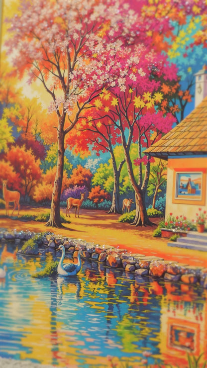 A Charming Little Cottage Nestled Among Vibrant Colorful Trees At The Edge Of A Peaceful Blue Lake